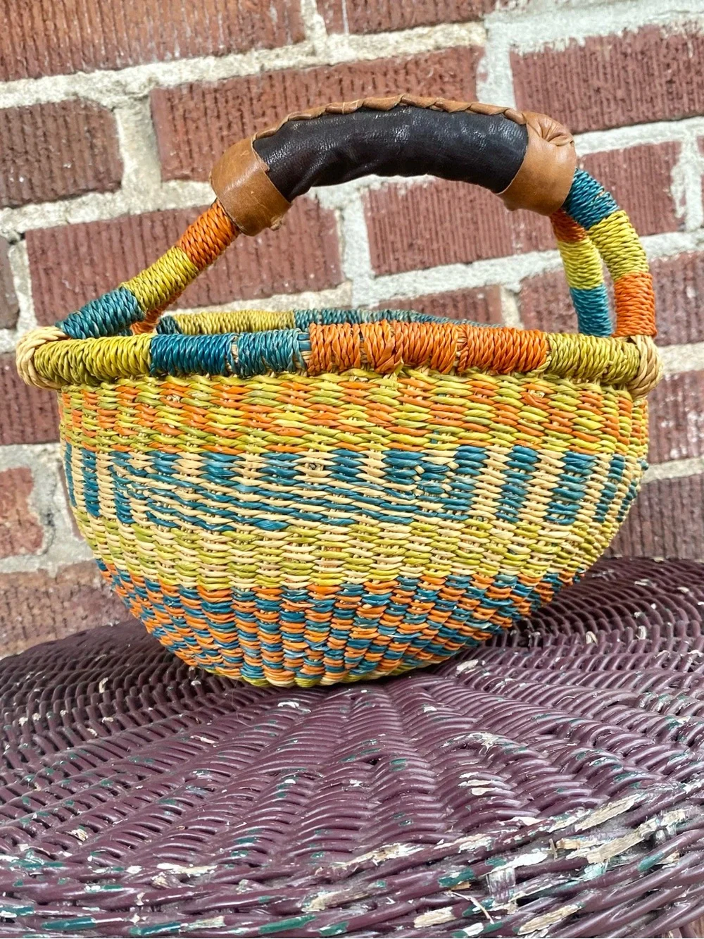 Handmade African Woven Grass Basket with Leather Handles - Orange, Green, Teal